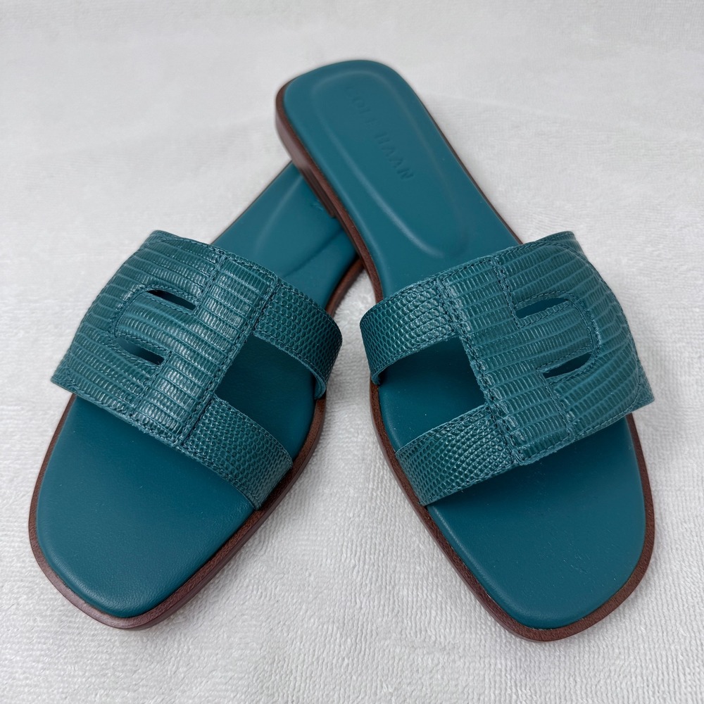 Cole Haan Chrisee‎ Teal Green Lizard Print Leather Slide Sandals W30796 6B